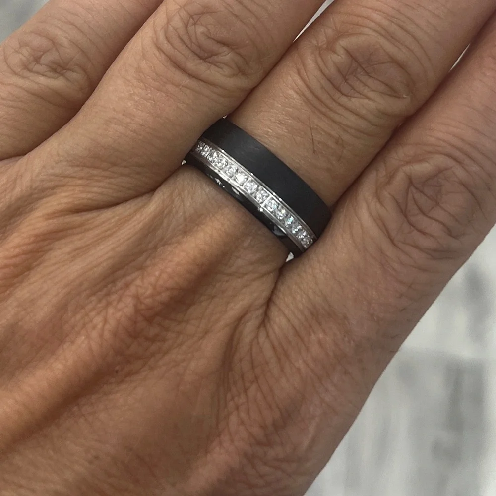 New 8mm dome clear CZ black IP plated Eternity Tungsten Wedding Band Ring